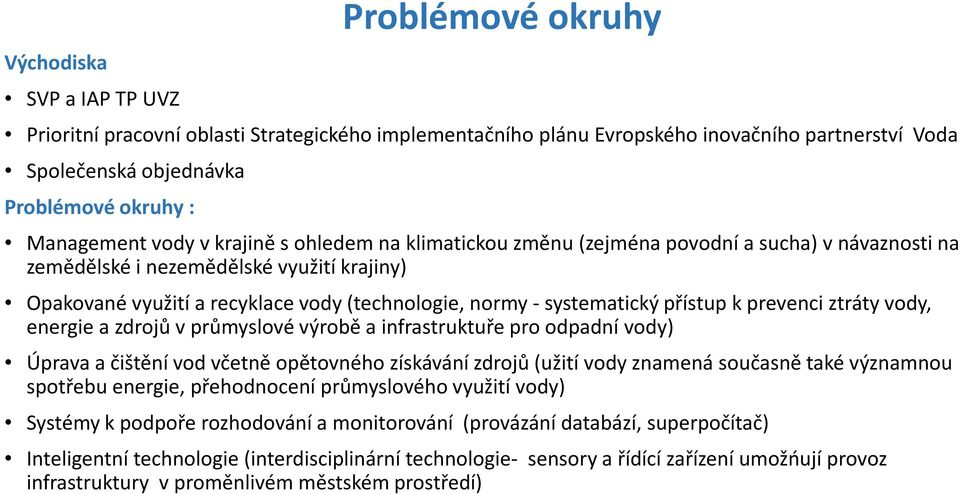 systematický přístup k prevenci ztráty vody, energie a zdrojů v průmyslové výrobě a infrastruktuře pro odpadní vody) Úprava a čištění vod včetně opětovného získávání zdrojů (užití vody znamená