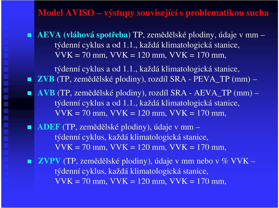 1., každá klimatologická stanice, VVK = 70 mm, VVK = 120 mm, VVK = 170 mm, ADEF (TP, zemědělské plodiny), údaje v mm týdenní cyklus, každá klimatologická stanice, VVK = 70 mm, VVK = 120