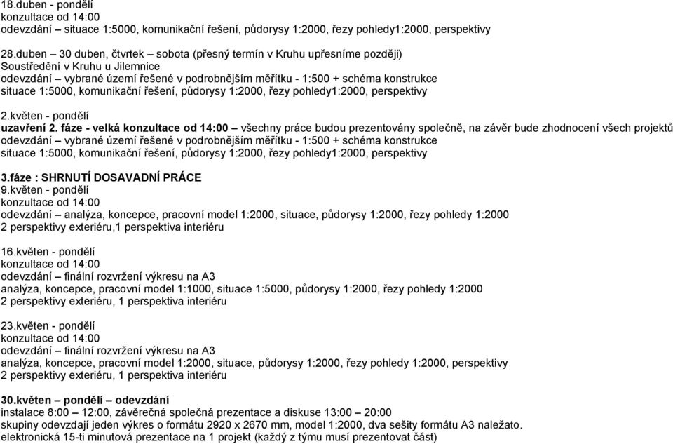 1:5000, komunikační řešení, půdorysy 1:2000, řezy pohledy1:2000, perspektivy 2.květen - pondělí uzavření 2.