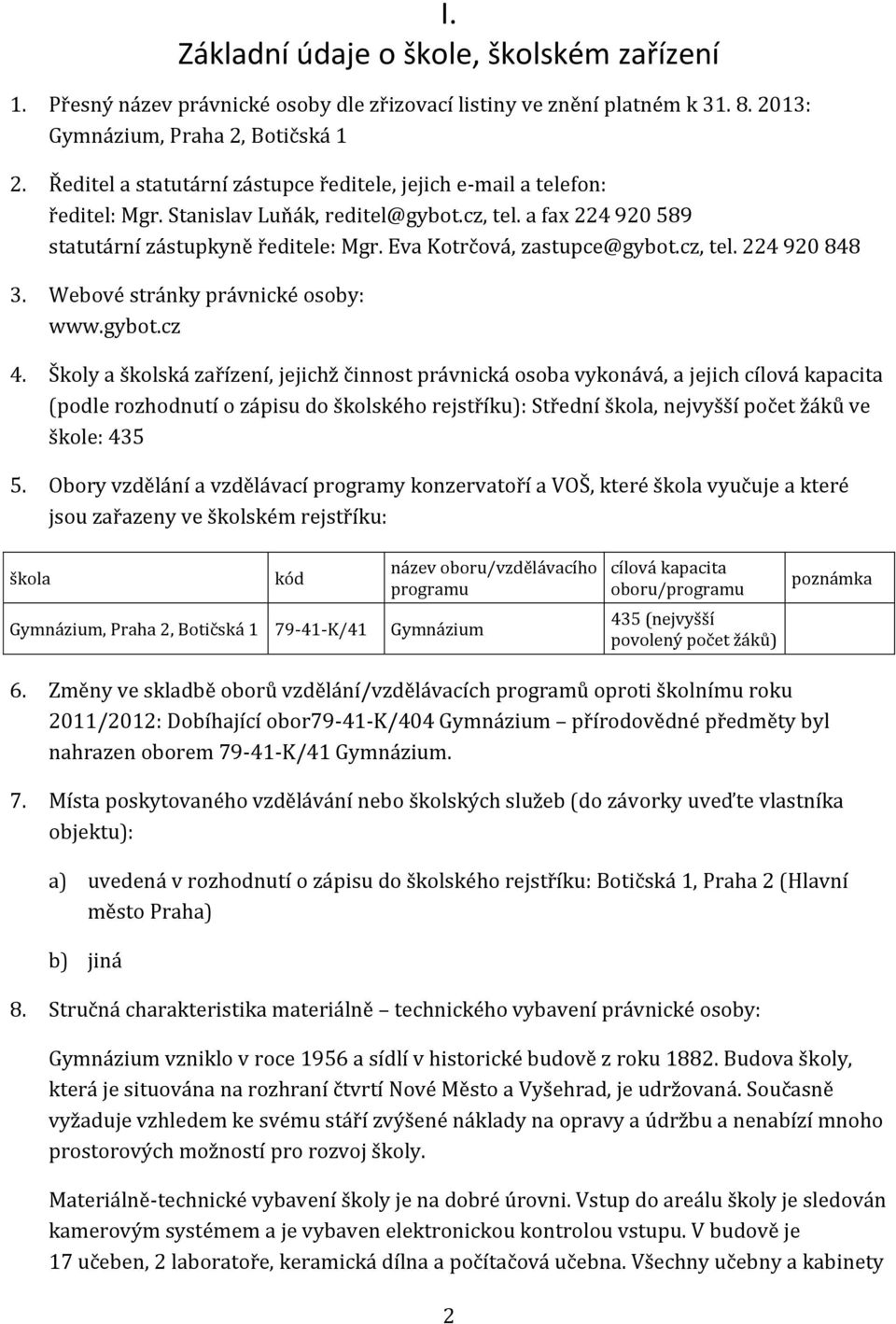 Eva Kotrčová, zastupce@gybot.cz, tel. 224 920 848 3. Webové stránky právnické osoby: www.gybot.cz 4.