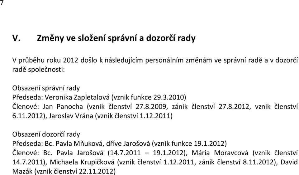 2012), Jaroslav Vrána (vznik členství 1.12.2011) Obsazení dozorčí rady Předseda: Bc. Pavla Mňuková, dříve Jarošová (vznik funkce 19.1.2012) Členové: Bc.