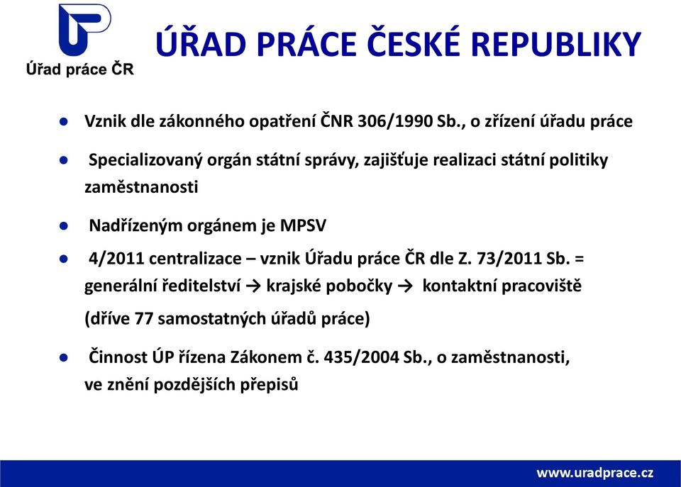 Nadřízeným orgánem je MPSV 4/2011 centralizace vznik Úřadu práce ČR dle Z. 73/2011 Sb.