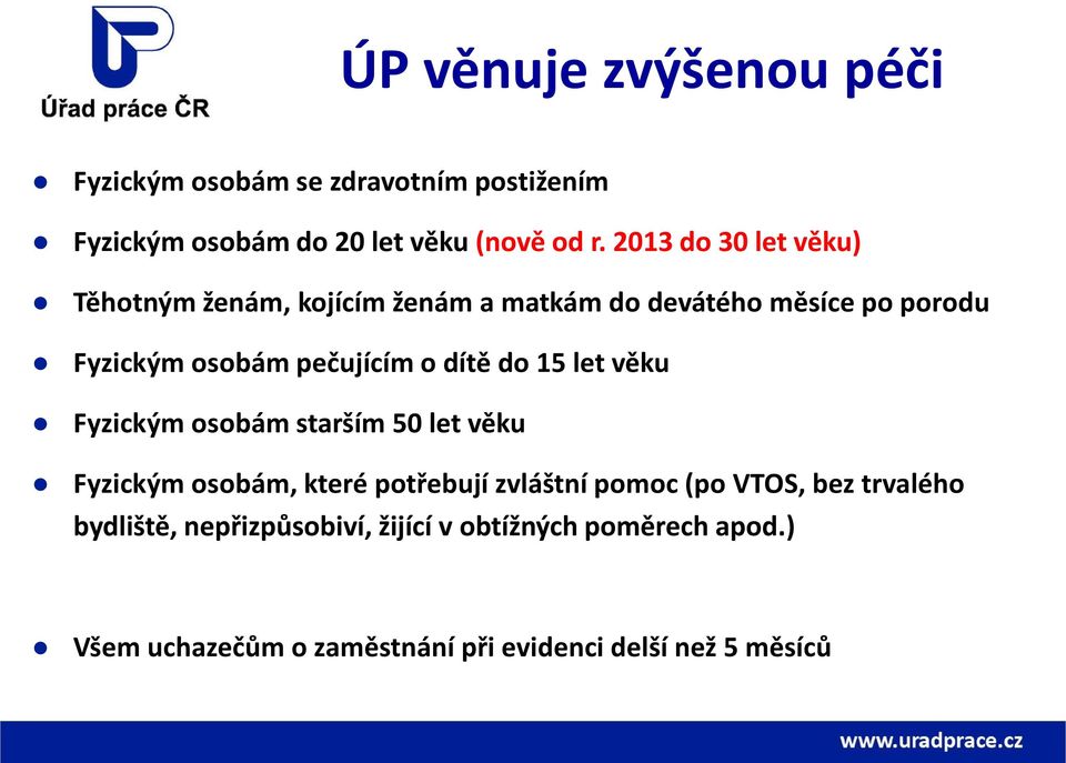 dítě do 15 let věku Fyzickým osobám starším 50 let věku Fyzickým osobám, které potřebují zvláštní pomoc (po VTOS, bez