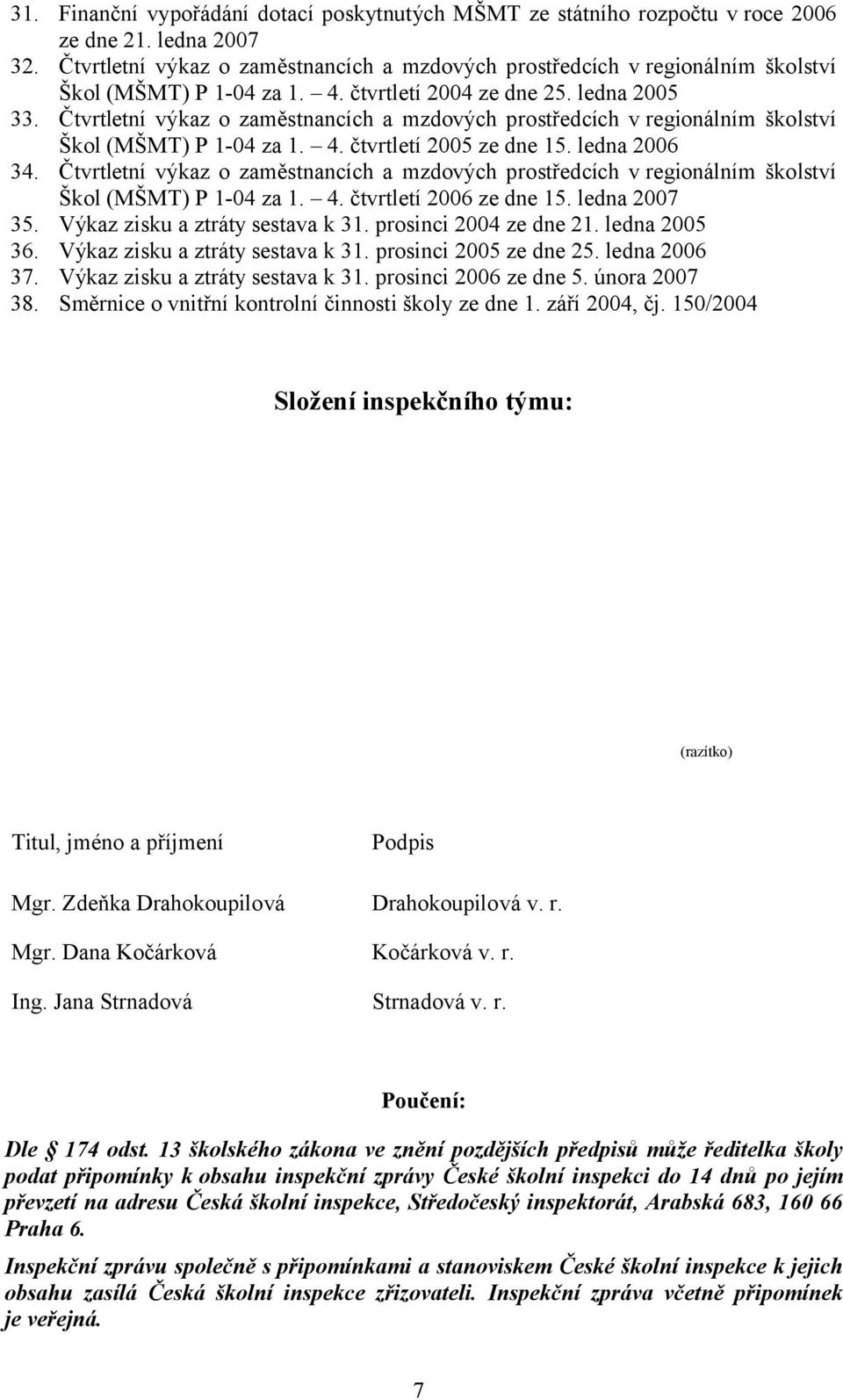 Čtvrtletní výkaz o zaměstnancích a mzdových prostředcích v regionálním školství Škol (MŠMT) P 1-04 za 1. 4. čtvrtletí 2005 ze dne 15. ledna 2006 34.