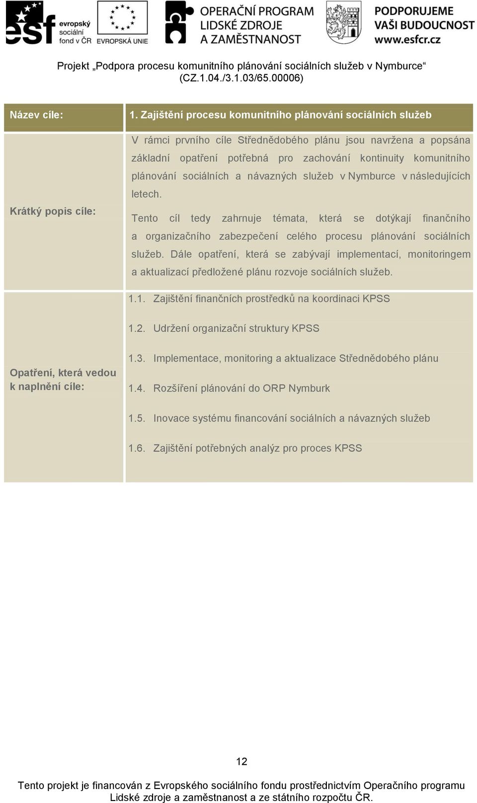 sociálních a návazných služeb v Nymburce v následujících letech. Tento cíl tedy zahrnuje témata, která se dotýkají finančního a organizačního zabezpečení celého procesu plánování sociálních služeb.