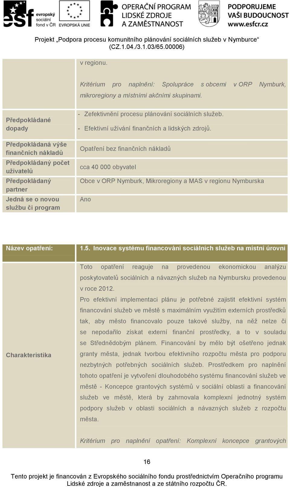 Inovace systému financování sociálních služeb na místní úrovni Toto opatření reaguje na provedenou ekonomickou analýzu poskytovatelů sociálních a návazných služeb na Nymbursku provedenou v roce 2012.