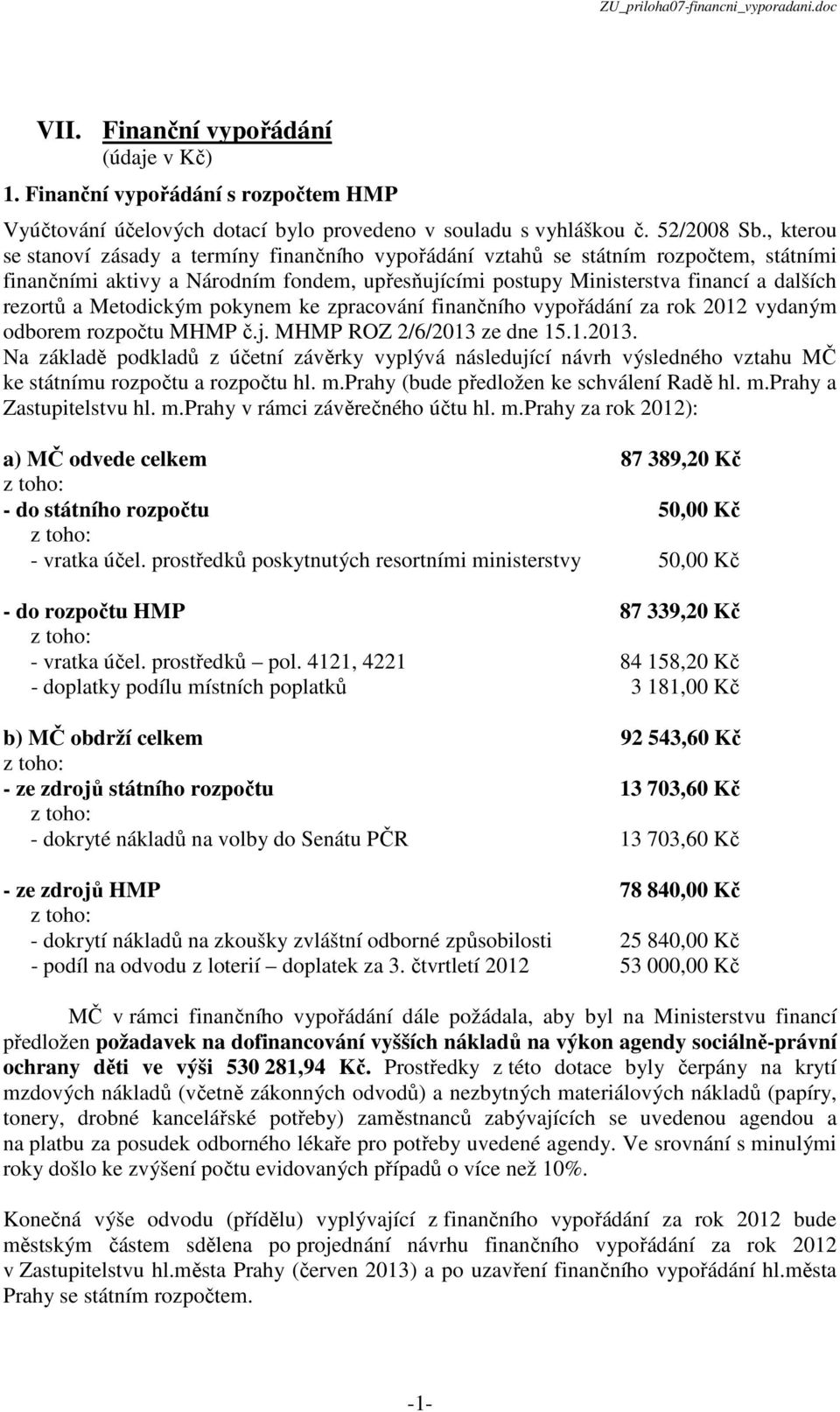 Metodickým pokynem ke zpracování finančního vypořádání za rok 2012 vydaným odborem rozpočtu MHMP č.j. MHMP ROZ 2/6/2013 