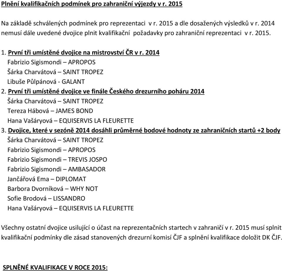 2014 Fabrizio Sigismondi APROPOS Libuše Půlpánová - GALANT 2. První tři umístěné dvojice ve finále Českého drezurního poháru 2014 Tereza Hábová JAMES BOND Hana Vašáryová EQUISERVIS LA FLEURETTE 3.