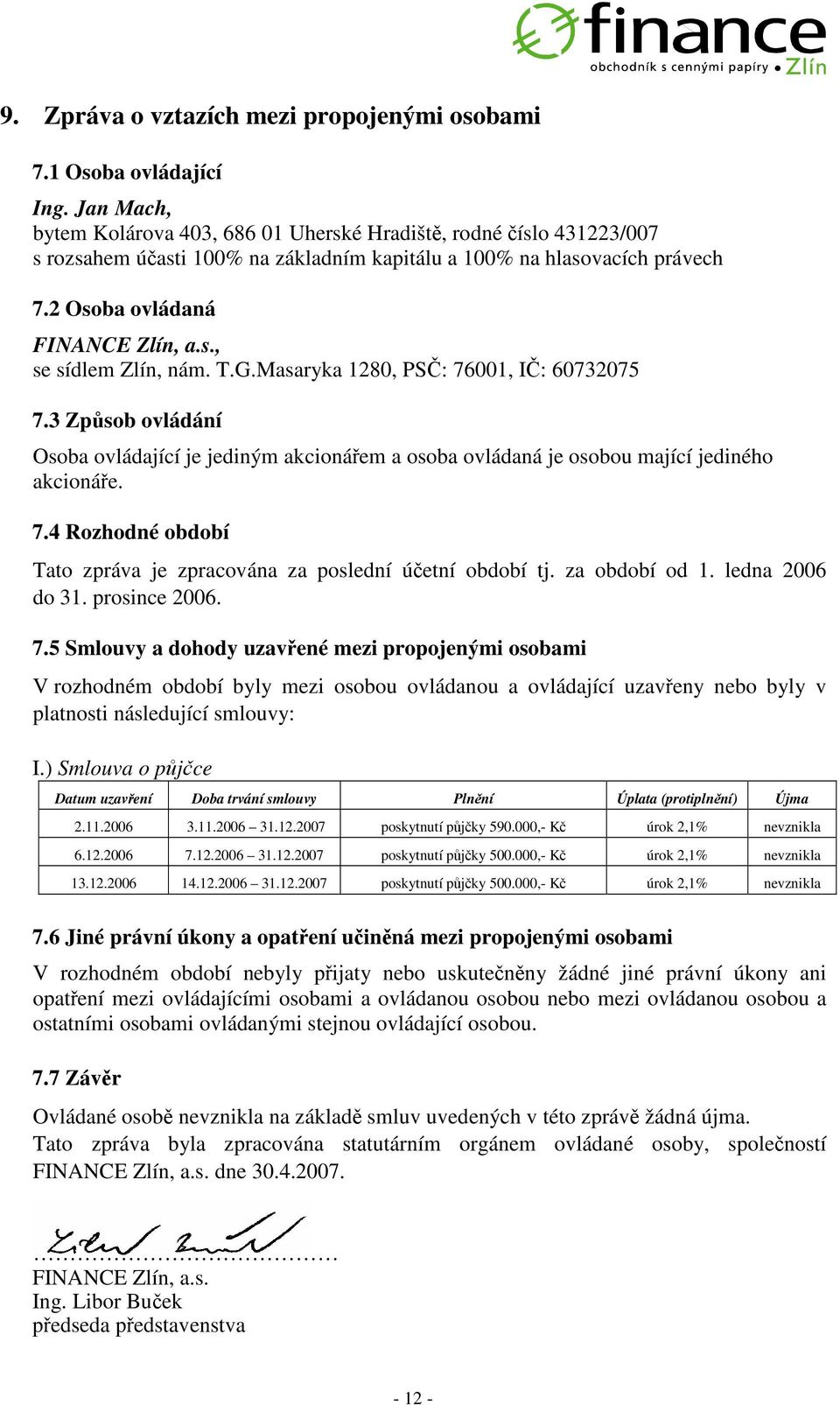 T.G.Masaryka 1280, PS: 76001, I: 60732075 7.3 Zpsob ovládání Osoba ovládající je jediným akcionáem a osoba ovládaná je osobou mající jediného akcionáe. 7.4 Rozhodné období Tato zpráva je zpracována za poslední úetní období tj.