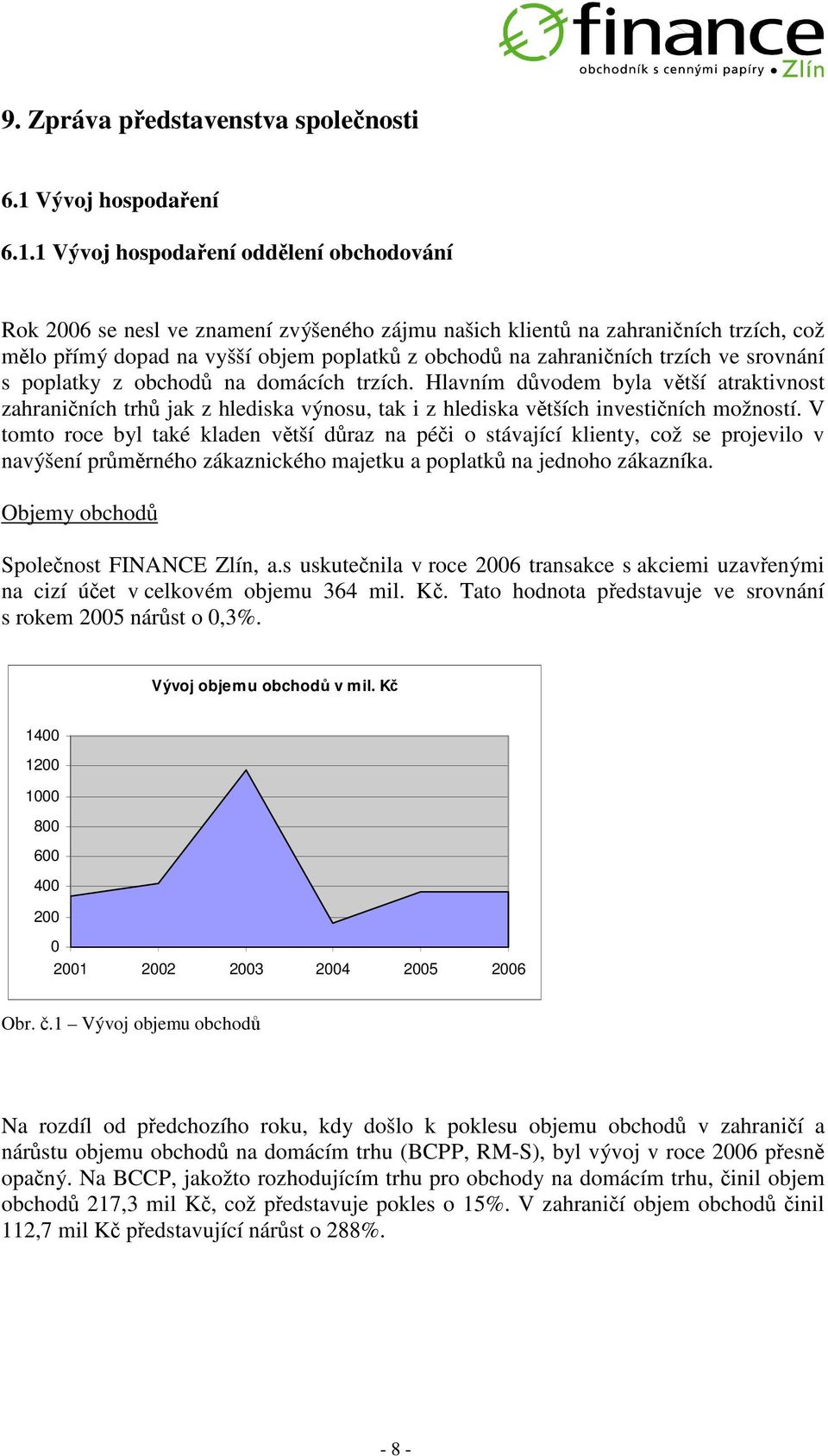 1 Vývoj hospodaení oddlení obchodování Rok 2006 se nesl ve znamení zvýšeného zájmu našich klient na zahraniních trzích, což mlo pímý dopad na vyšší objem poplatk z obchod na zahraniních trzích ve