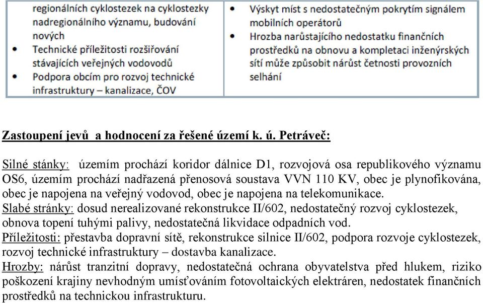 Petráveč: Silné stánky: územím prochází koridor dálnice D1, rozvojová osa republikového významu OS6, územím prochází nadřazená přenosová soustava VVN 110 KV, obec je plynofikována, obec je napojena