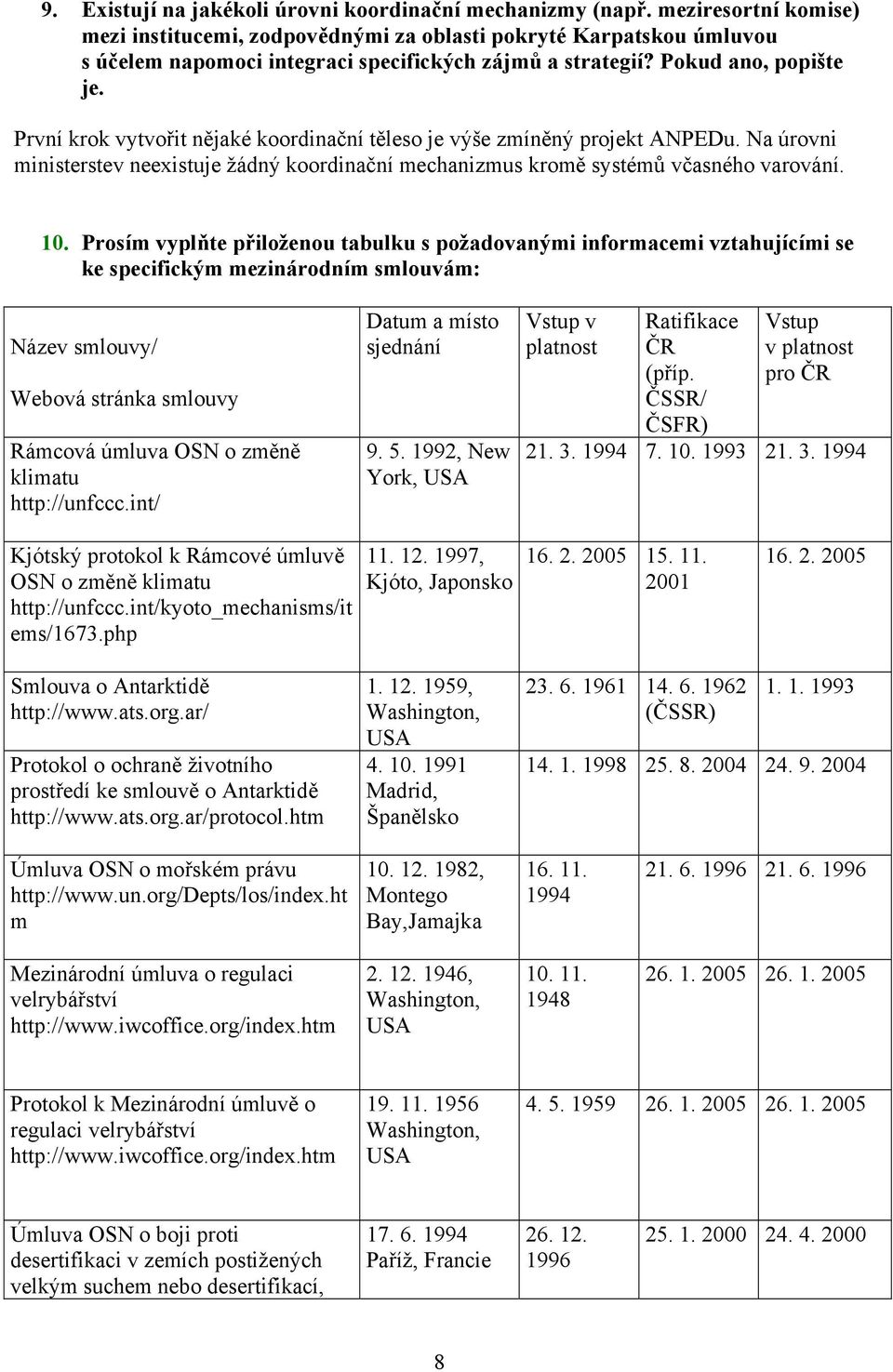 První krok vytvořit nějaké koordinační těleso je výše zmíněný projekt ANPEDu. Na úrovni ministerstev neexistuje žádný koordinační mechanizmus kromě systémů včasného varování. 10.