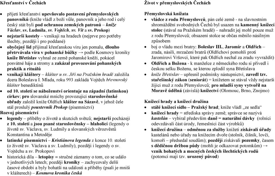 Prokop) nejstarší kostely vznikají na hradech (nejprve pro potřeby šlechty, později i pro poddané) obyčejný lid přijímal křesťanskou víru jen pomalu, dlouho přetrvávala víra v pohanské bůžky podle