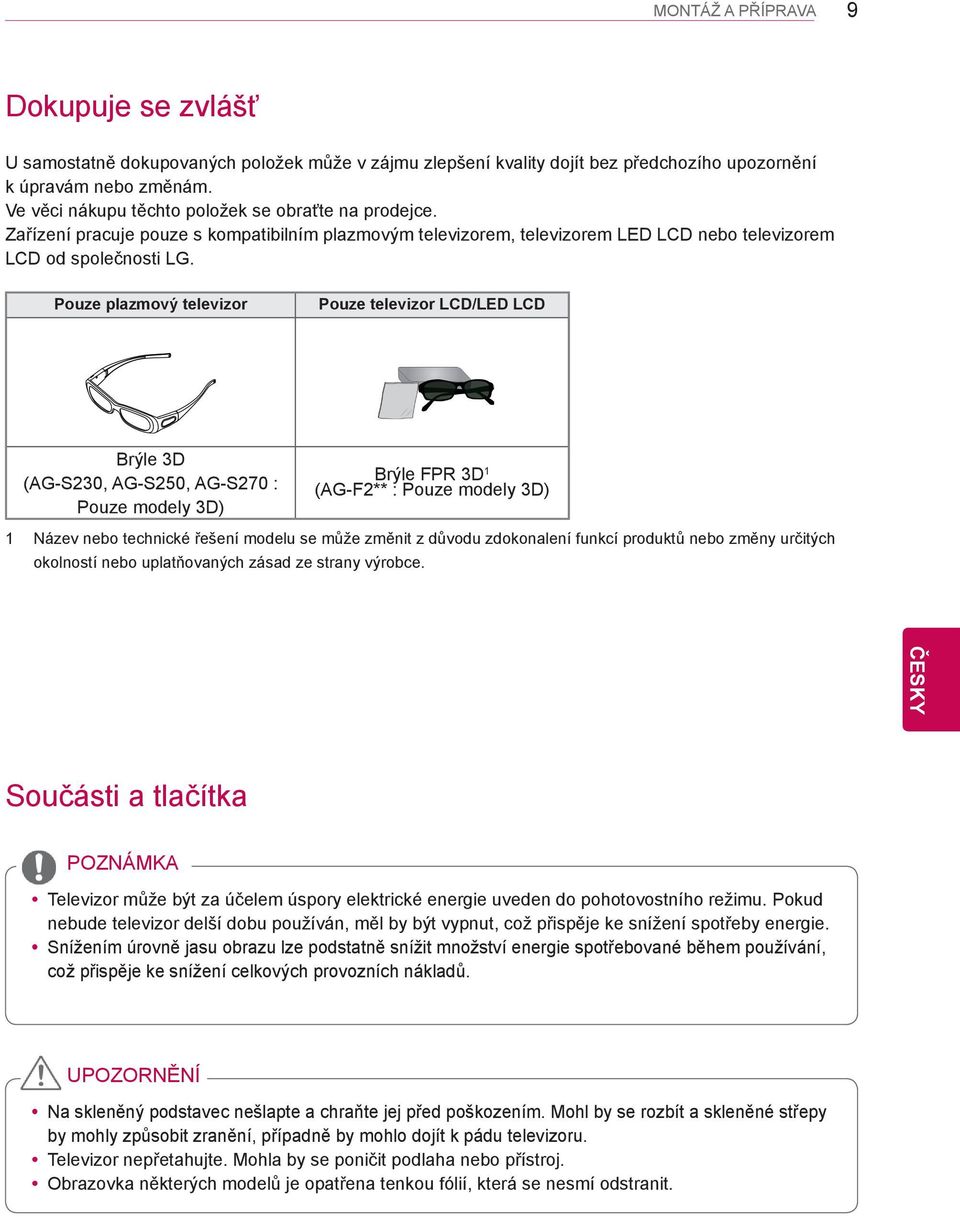 Pouze plazmový televizor Pouze televizor LCD/LED LCD Brýle 3D (AG-S230, AG-S250, AG-S270 : Pouze modely 3D) Brýle FPR 3D 1 (AG-F2** : Pouze modely 3D) 1 Název nebo technické řešení modelu se může