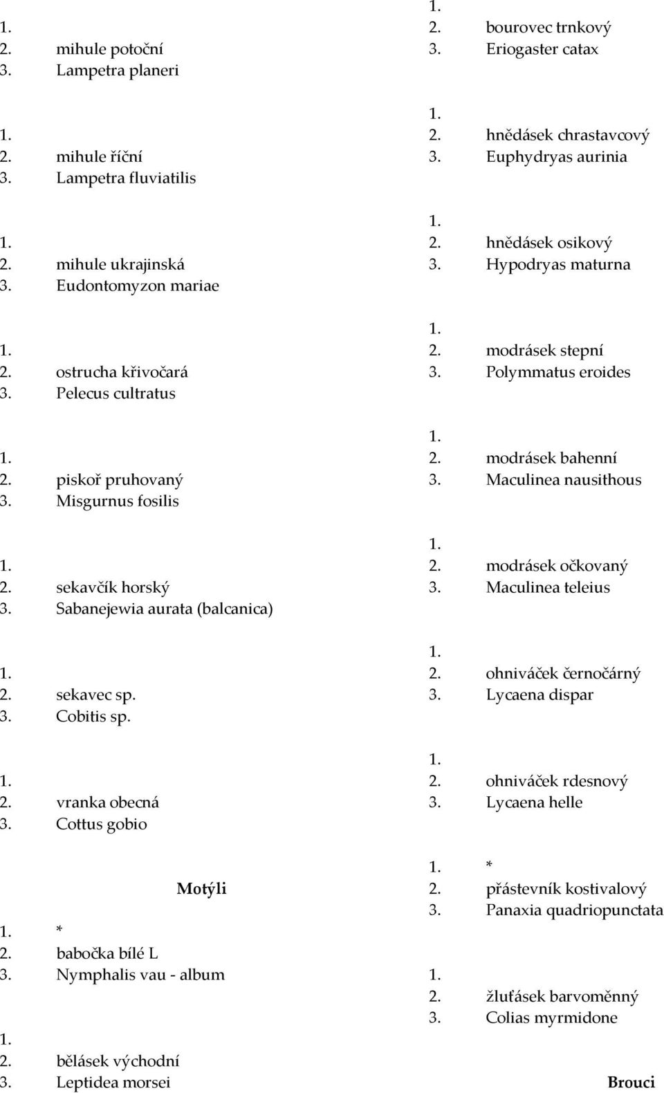 Leptidea morsei bourovec trnkový 3. Eriogaster catax hnědásek chrastavcový 3. Euphydryas aurinia hnědásek osikový 3. Hypodryas maturna modrásek stepní 3. Polymmatus eroides modrásek bahenní 3.