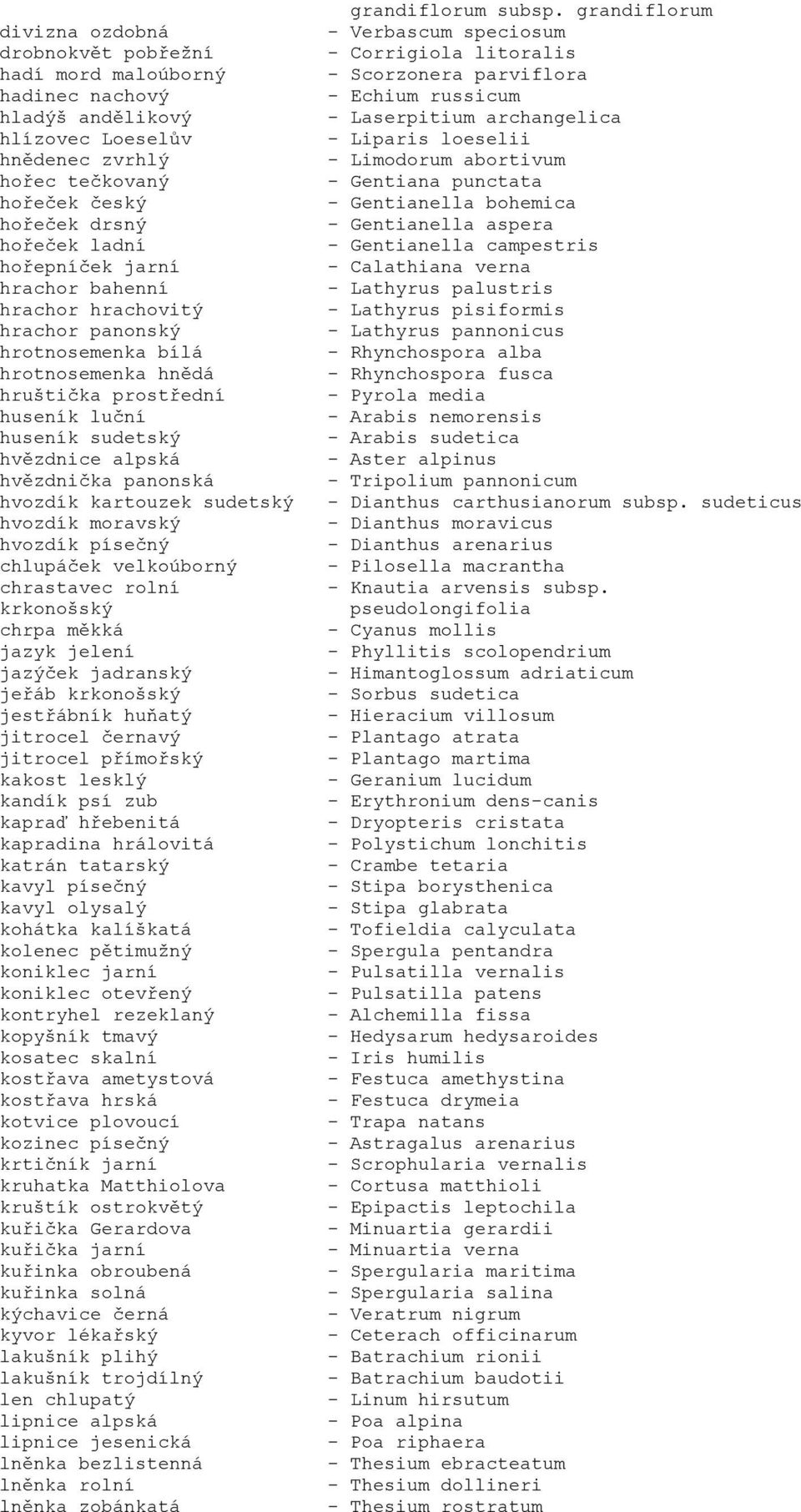 sudetský hvozdík moravský hvozdík písečný chlupáček velkoúborný chrastavec rolní krkonošský chrpa měkká jazyk jelení jazýček jadranský jeřáb krkonošský jestřábník huňatý jitrocel černavý jitrocel
