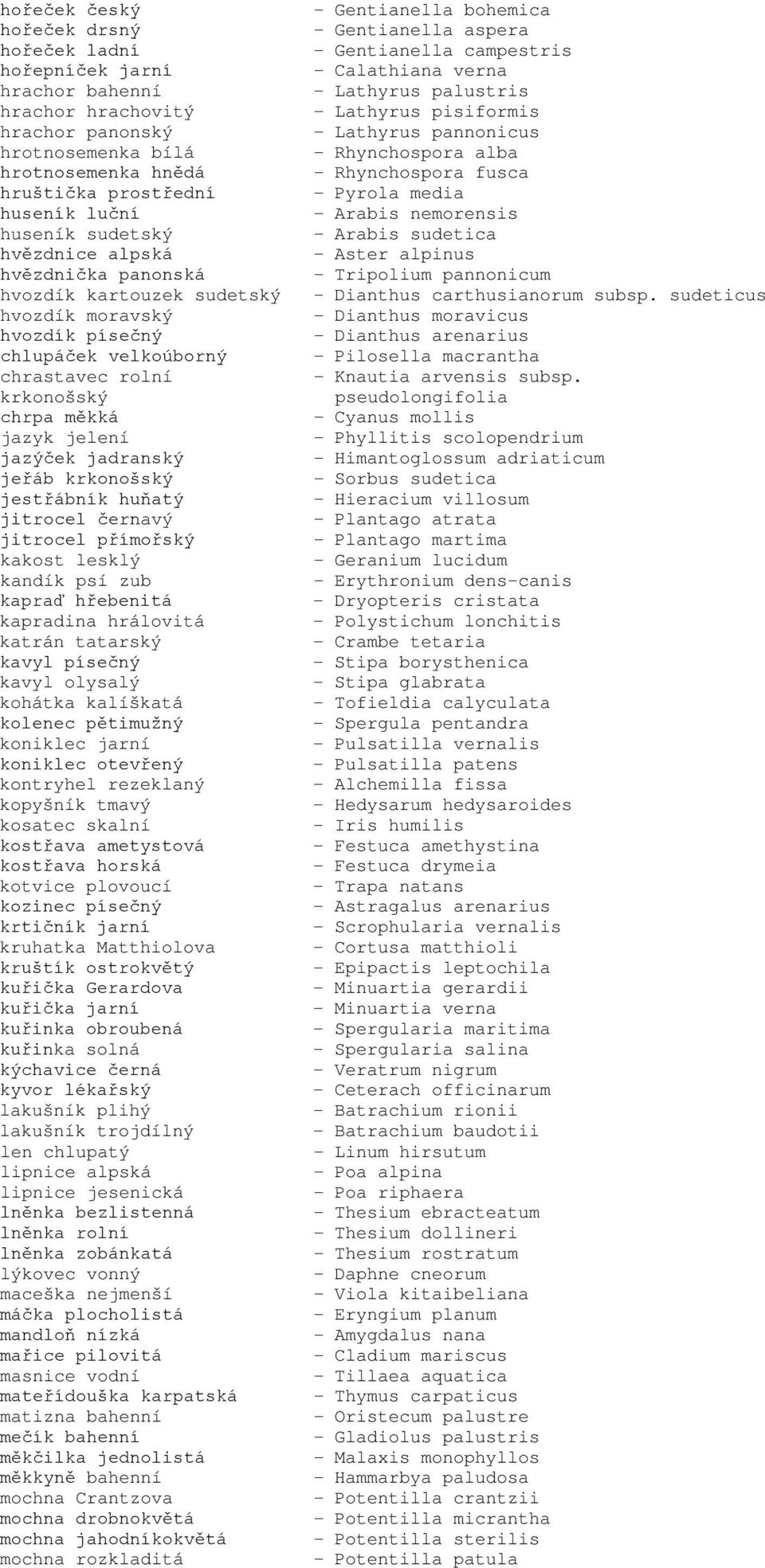 jeřáb krkonošský jestřábník huňatý jitrocel černavý jitrocel přímořský kakost lesklý kandík psí zub kapraď hřebenitá kapradina hrálovitá katrán tatarský kavyl písečný kavyl olysalý kohátka kalíškatá
