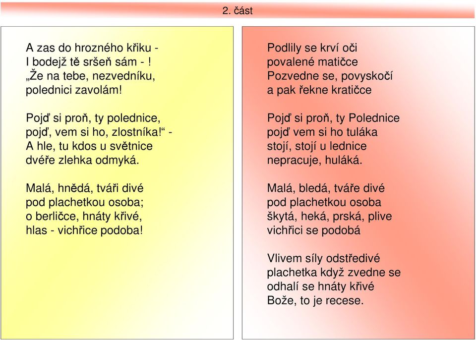 Podlily se krví oči povalené matičce Pozvedne se, povyskočí a pak řekne kratičce Pojď si proň, ty Polednice pojď vem si ho tuláka stojí, stojí u lednice nepracuje,