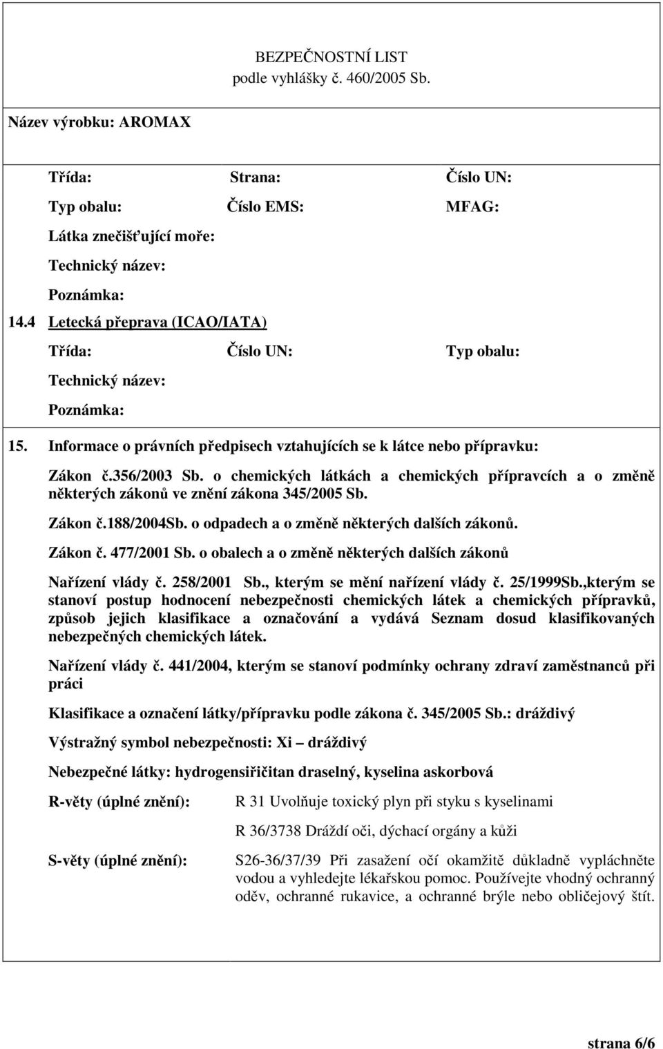 Zákon č.188/2004sb. o odpadech a o změně některých dalších zákonů. Zákon č. 477/2001 Sb. o obalech a o změně některých dalších zákonů Nařízení vlády č. 258/2001 Sb., kterým se mění nařízení vlády č.