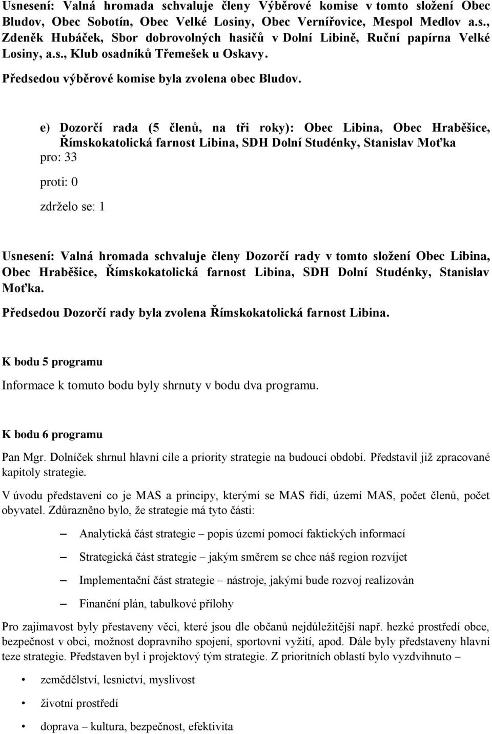 e) Dozorčí rada (5 členů, na tři roky): Obec Libina, Obec Hraběšice, Římskokatolická farnost Libina, SDH Dolní Studénky, Stanislav Moťka Usnesení: Valná hromada schvaluje členy Dozorčí rady v tomto