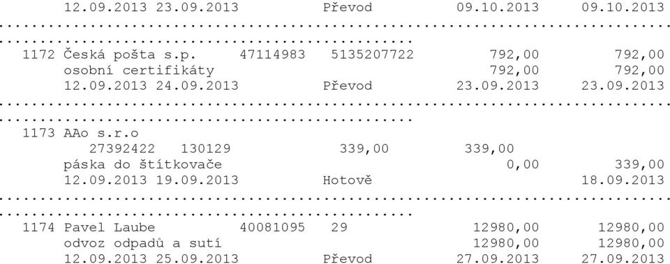 09.2013 1173 AAo s.r.o 27392422 130129 339,00 339,00 páska do štítkovače 0,00 339,00 12.09.2013 19.09.2013 Hotově 18.