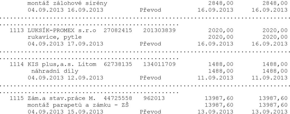a.s. Litom 62738135 134011709 1488,00 1488,00 náhradní díly 1488,00 1488,00 04.09.2013 12.09.2013 Převod 11.09.2013 11.09.2013 1115 Zám.