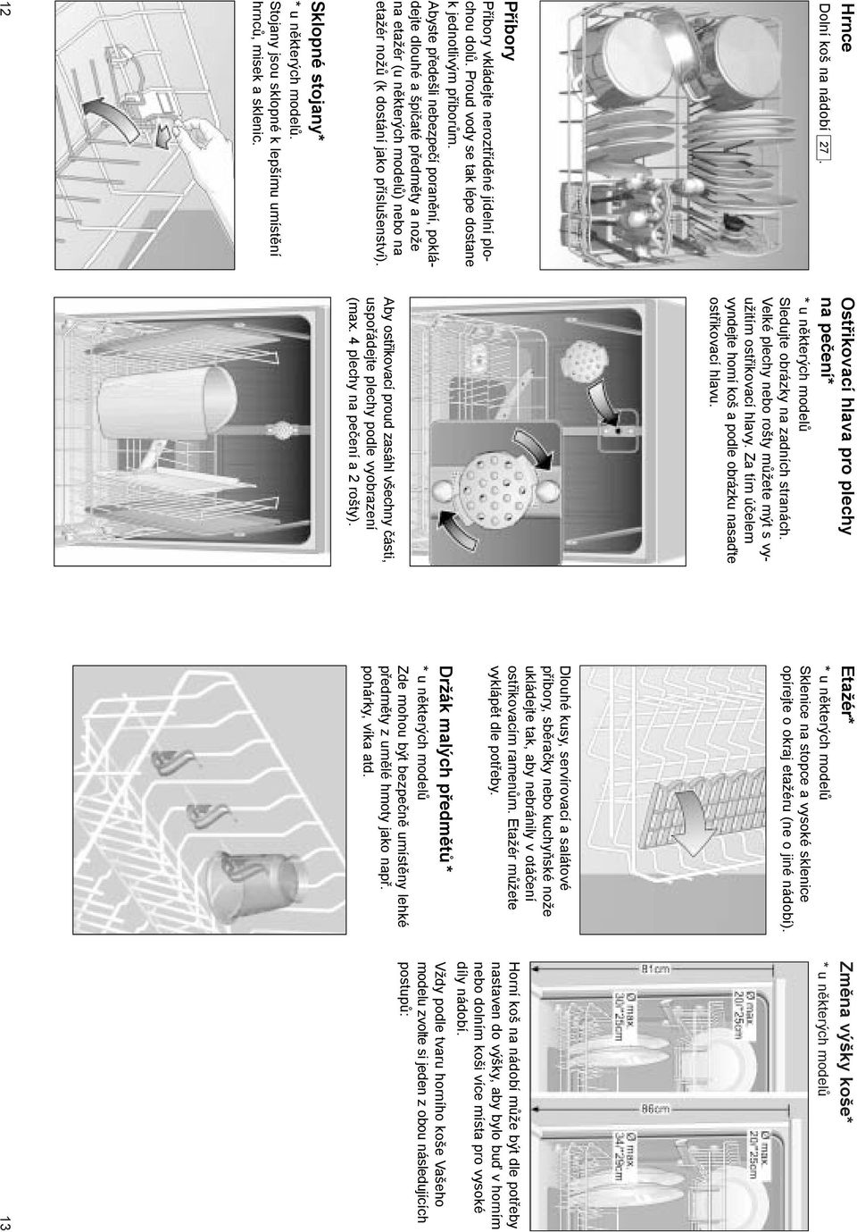 Stojany jsou sklopné k lepšímu umístění hrnců, misek a sklenic. 12 Ostřikovací hlava pro plechy na pečení* Sledujte obrázky na zadních stranách.