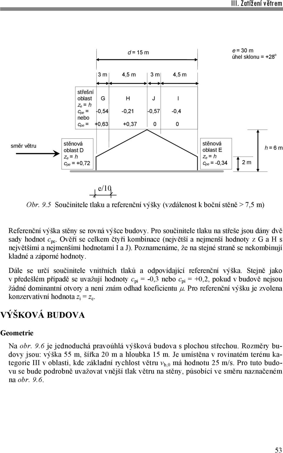 Pro součinitele tlaku na střeše jsou dány dvě sady hodnot c pe. Ověří se celkem čtyři kombinace (největší a nejmenší hodnoty z G a H s největšími a nejmenšími hodnotami I a J).