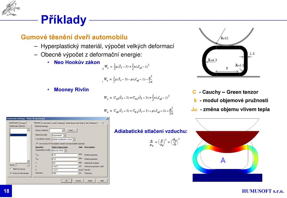 Hookův zákon Mooney Rivlin C - Cauchy Green tenzor k - modul objemové