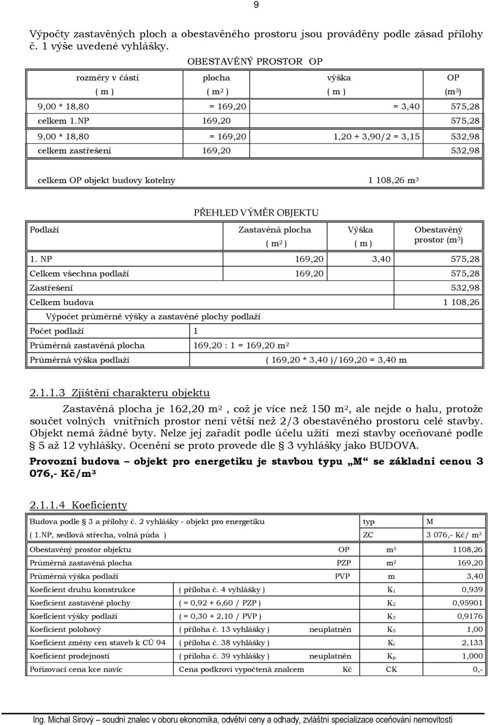 NP 169,20 575,28 9,00 * 18,80 = 169,20 1,20 + 3,90/2 = 3,15 532,98 celkem zastřešení 169,20 532,98 celkem OP objekt budovy kotelny 1 108,26 m 3 Podlaží PŘEHLED VÝMĚR OBJEKTU Zastavěná plocha ( m 2 )