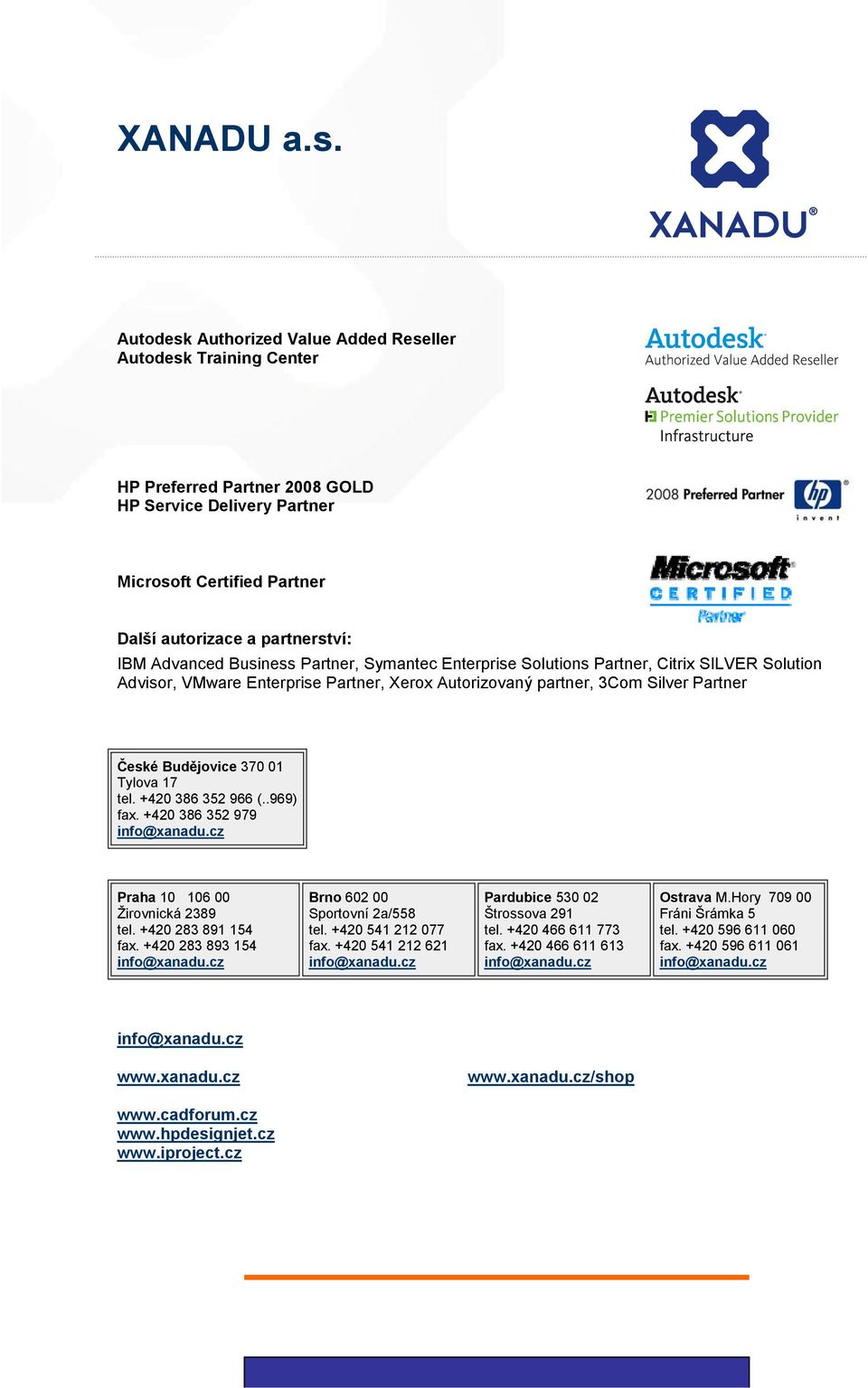 Business Partner, Symantec Enterprise Solutions Partner, Citrix SILVER Solution Advisor, VMware Enterprise Partner, Xerox Autorizovaný partner, 3Com Silver Partner České Budějovice 370 01 Tylova 17