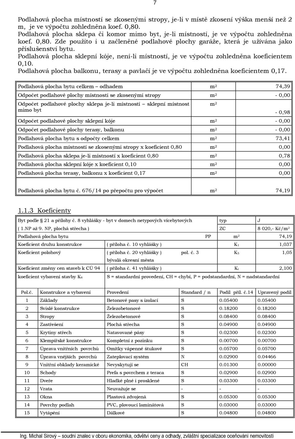 Podlahová plocha sklepní kóje, není-li místností, je ve výpočtu zohledněna koeficientem 0,10. Podlahová plocha balkonu, terasy a pavlačí je ve výpočtu zohledněna koeficientem 0,17.