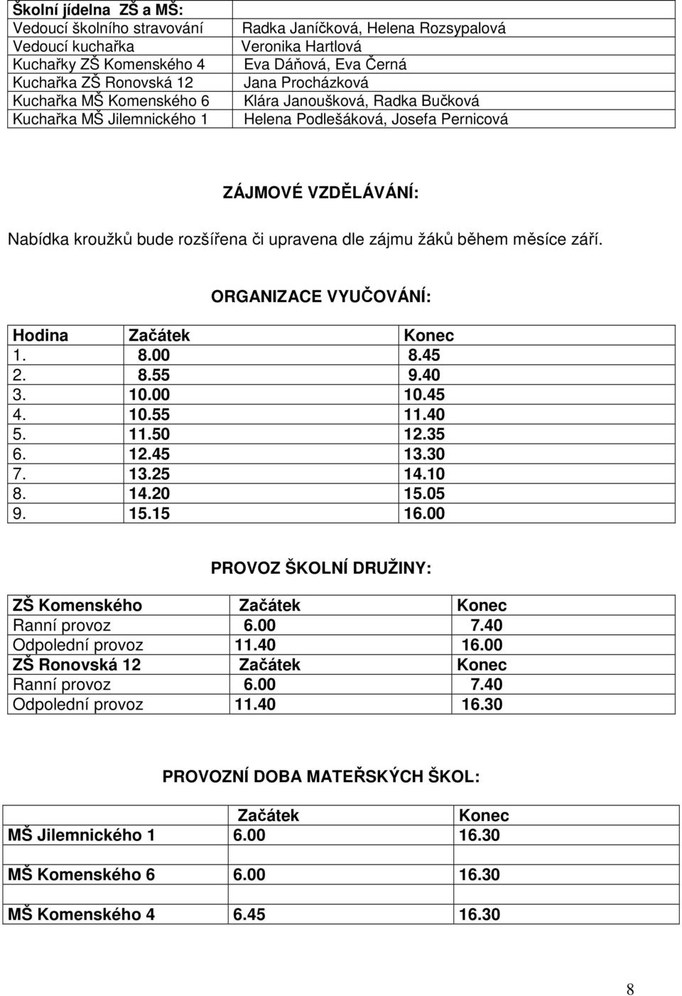 upravena dle zájmu žáků během měsíce září. ORGANIZACE VYUČOVÁNÍ: Hodina Začátek Konec 1. 8.00 8.45 2. 8.55 9.40 3. 10.00 10.45 4. 10.55 11.40 5. 11.50 12.35 6. 12.45 13.30 7. 13.25 14.10 8. 14.20 15.