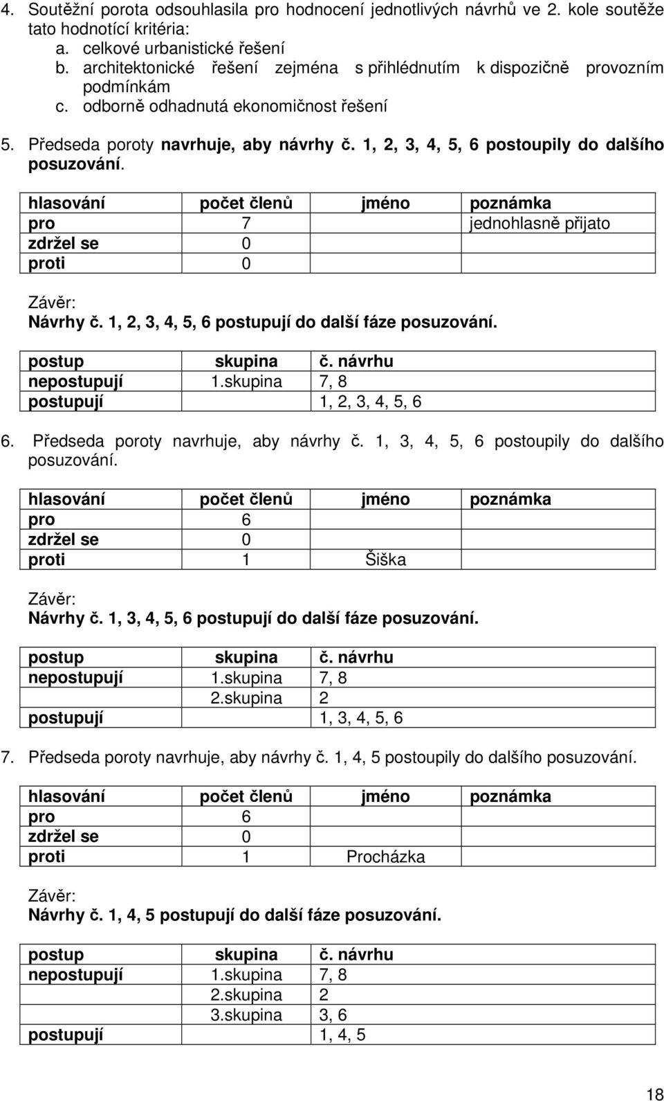 1, 2, 3, 4, 5, 6 postoupily do dalšího posuzování. pro 7 jednohlasně přijato proti 0 Závěr: Návrhy č. 1, 2, 3, 4, 5, 6 postupují do další fáze posuzování. postup skupina č. návrhu nepostupují 1.