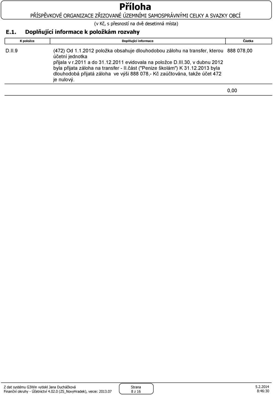 jednotka přijala v r.2011 a do 312011 evidovala na položce D.III.30, v dubnu 2012 byla přijata záloha na transfer II.