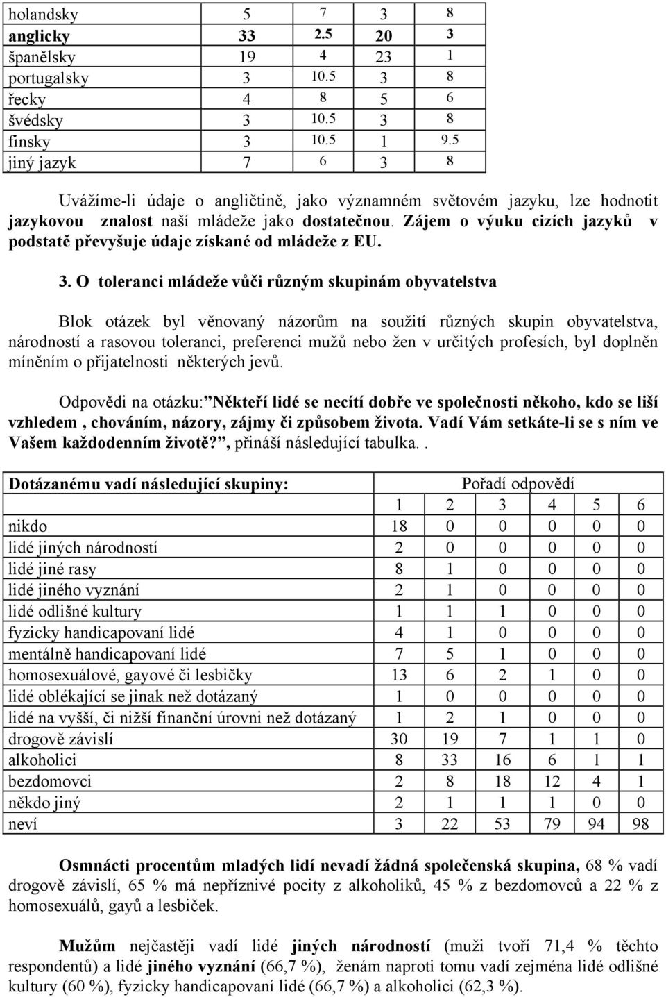 Zájem o výuku cizích jazyků v podstatě převyšuje údaje získané od mládeže z EU. 3.