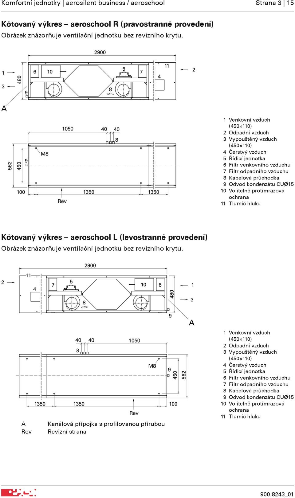 kondenzátu CUØ15 10 Volitelně protimrazová ochrana 11 Tlumič hluku Kótovaný výkres aeroschool L (levostranné provedení) Obrázek znázorňuje ventilační jednotku bez revizního krytu.