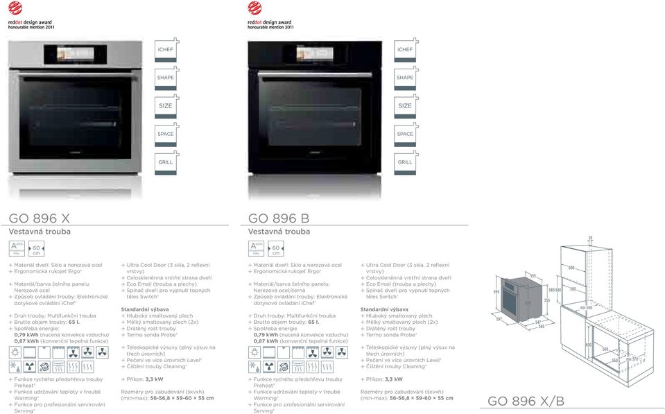 + Spotřeba energie: 0,79 kwh (nucená konvekce vzduchu) 0,87 kwh (konvenční tepelná funkce) + Ultra Cool Door (3 skla, 2 reflexní vrstvy) + Celoskleněnná vnitřní strana dveří + Eco Email (trouba a