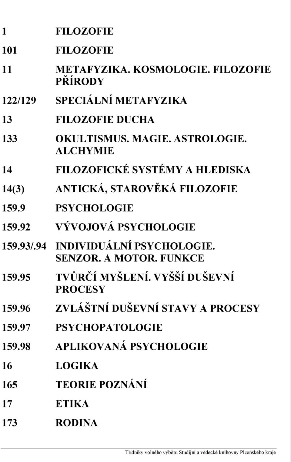 94 INDIVIDUÁLNÍ PSYCHOLOGIE. SENZOR. A MOTOR. FUNKCE 159.95 TVŮRČÍ MYŠLENÍ. VYŠŠÍ DUŠEVNÍ PROCESY 159.96 ZVLÁŠTNÍ DUŠEVNÍ STAVY A PROCESY 159.