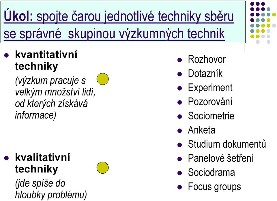 informace) kvalitativní techniky (jde spíše do hloubky problému) Rozhovor Dotazník