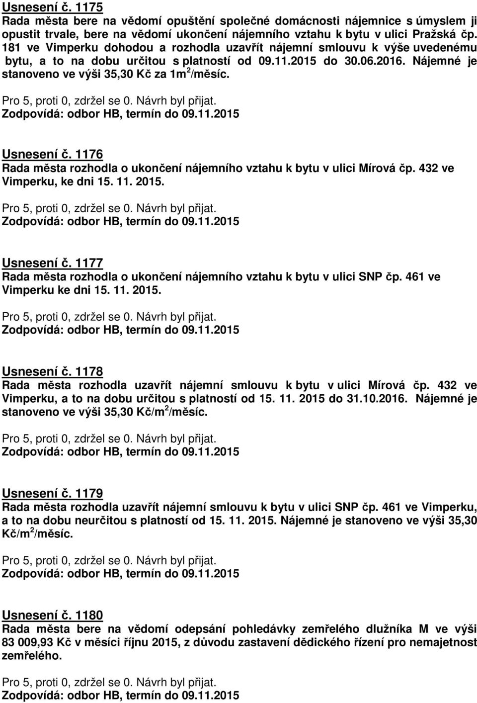 Usnesení č. 1176 Rada města rozhodla o ukončení nájemního vztahu k bytu v ulici Mírová čp. 432 ve Vimperku, ke dni 15. 11. 2015. Usnesení č.