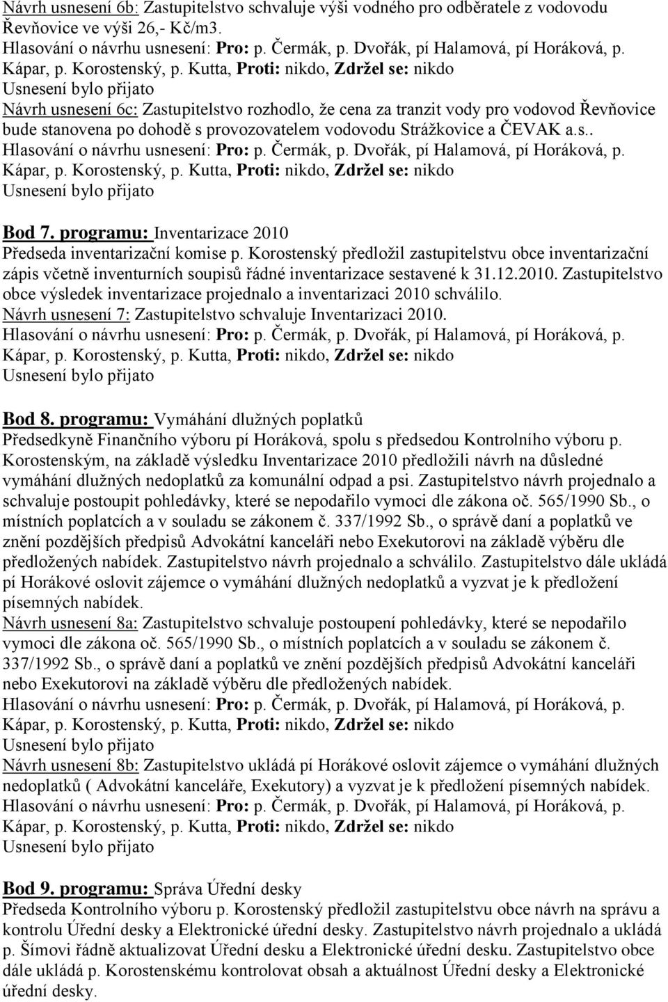 programu: Inventarizace 2010 Předseda inventarizační komise p. Korostenský předloţil zastupitelstvu obce inventarizační zápis včetně inventurních soupisů řádné inventarizace sestavené k 31.12.2010. Zastupitelstvo obce výsledek inventarizace projednalo a inventarizaci 2010 schválilo.