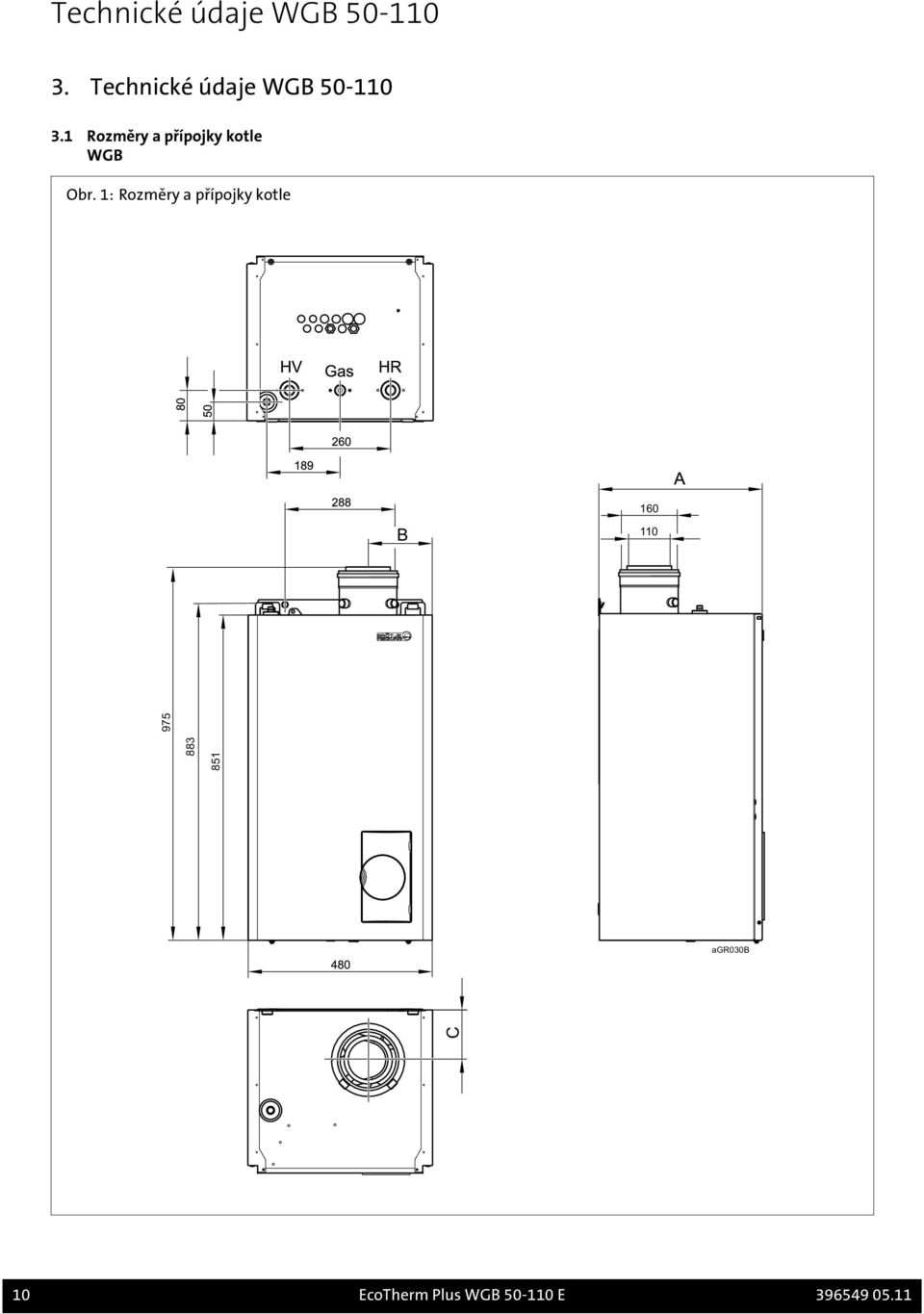 1 Rozměry a přípojky kotle WGB Obr.