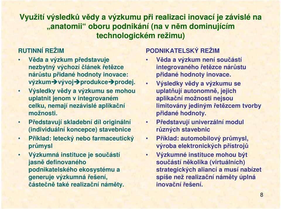 Představují skladební díl originální (individuální koncepce) stavebnice Příklad: letecký nebo farmaceutický průmysl Výzkumná instituce je součástí jasně definovaného podnikatelského ekosystému a