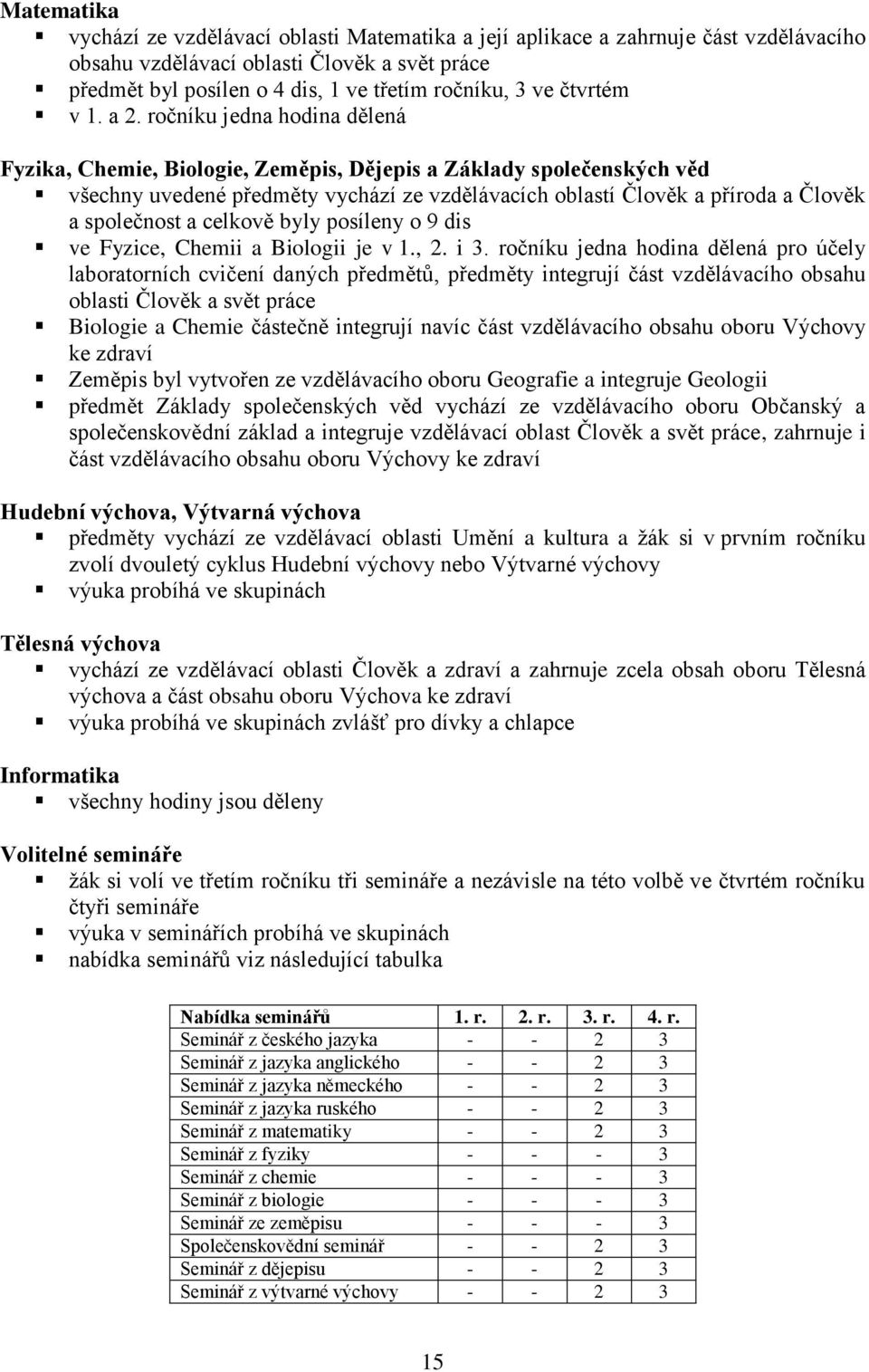 ročníku jedna hodina dělená Fyzika, Chemie, Biologie, Zeměpis, Dějepis a Základy společenských věd všechny uvedené předměty vychází ze vzdělávacích oblastí Člověk a příroda a Člověk a společnost a