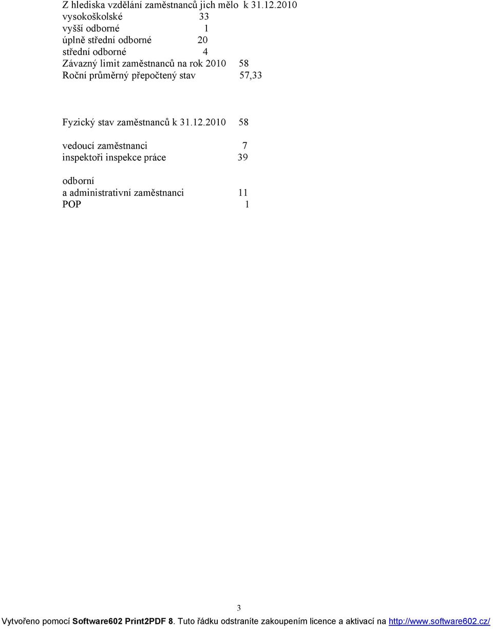 Závazný limit zaměstnanců na rok 2010 58 Roční průměrný přepočtený stav 57,33 Fyzický