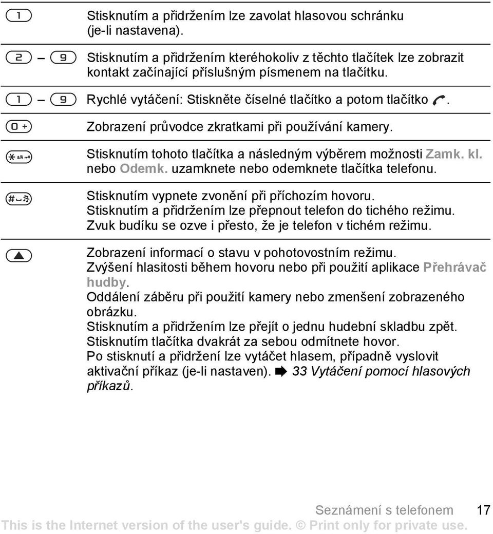 uzamknete nebo odemknete tlačítka telefonu. Stisknutím vypnete zvonění při příchozím hovoru. Stisknutím a přidržením lze přepnout telefon do tichého režimu.