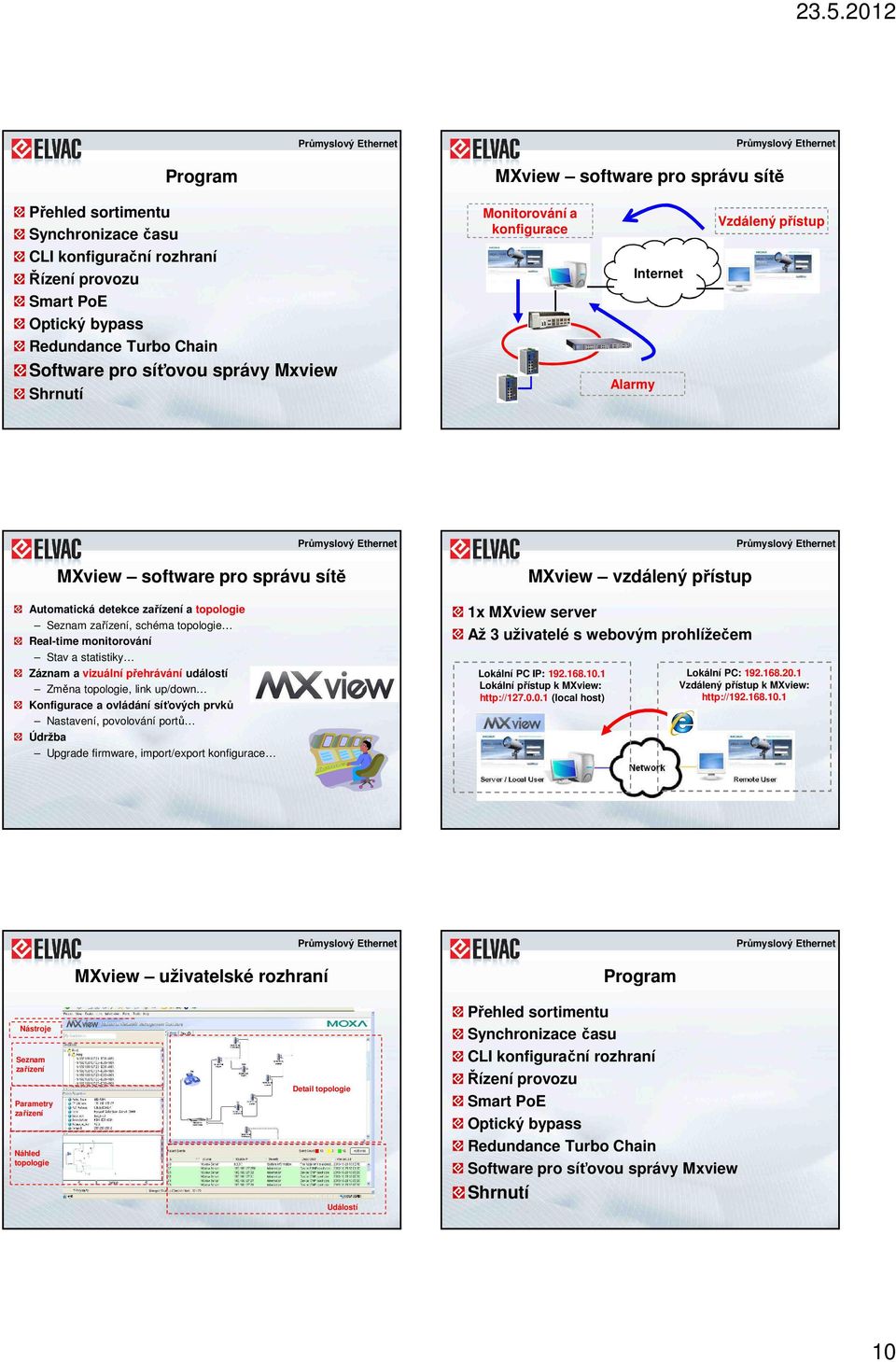 Upgrade firmware, import/export konfigurace MXview vzdálený přístup 1x MXview server Až 3 uživatelé s webovým prohlížečem Lokální PC IP: 192.168.10.1 Lokální přístup k MXview: http://127.0.0.1 (local host) Lokální PC: 192.