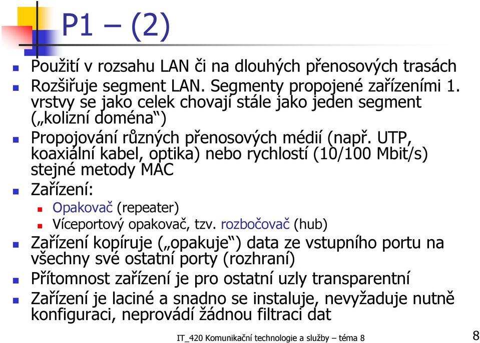 UTP, koaxiální kabel, optika) nebo rychlostí (10/100 Mbit/s) stejné metody MAC Zařízení: Opakovač (repeater) Víceportový opakovač, tzv.