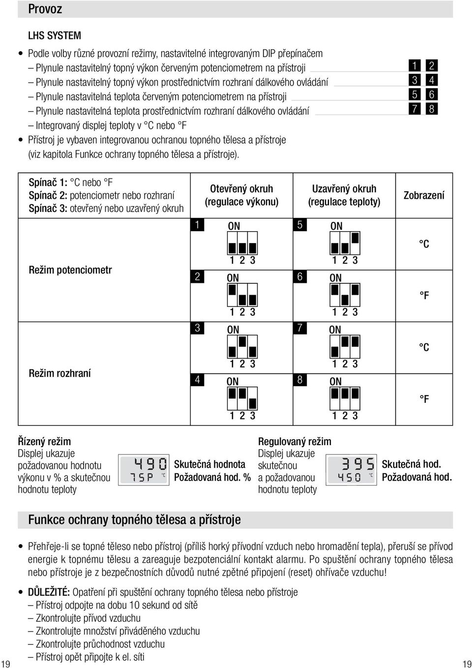 displej teploty v C nebo F Přístroj je vybaven integrovanou ochranou topného tělesa a přístroje (viz kapitola Funkce ochrany topného tělesa a přístroje).